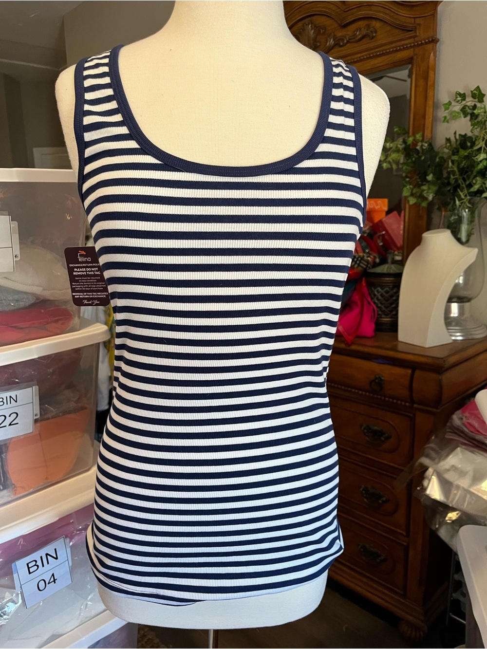 Felina Navy and White Striped Ribbed Tank Top